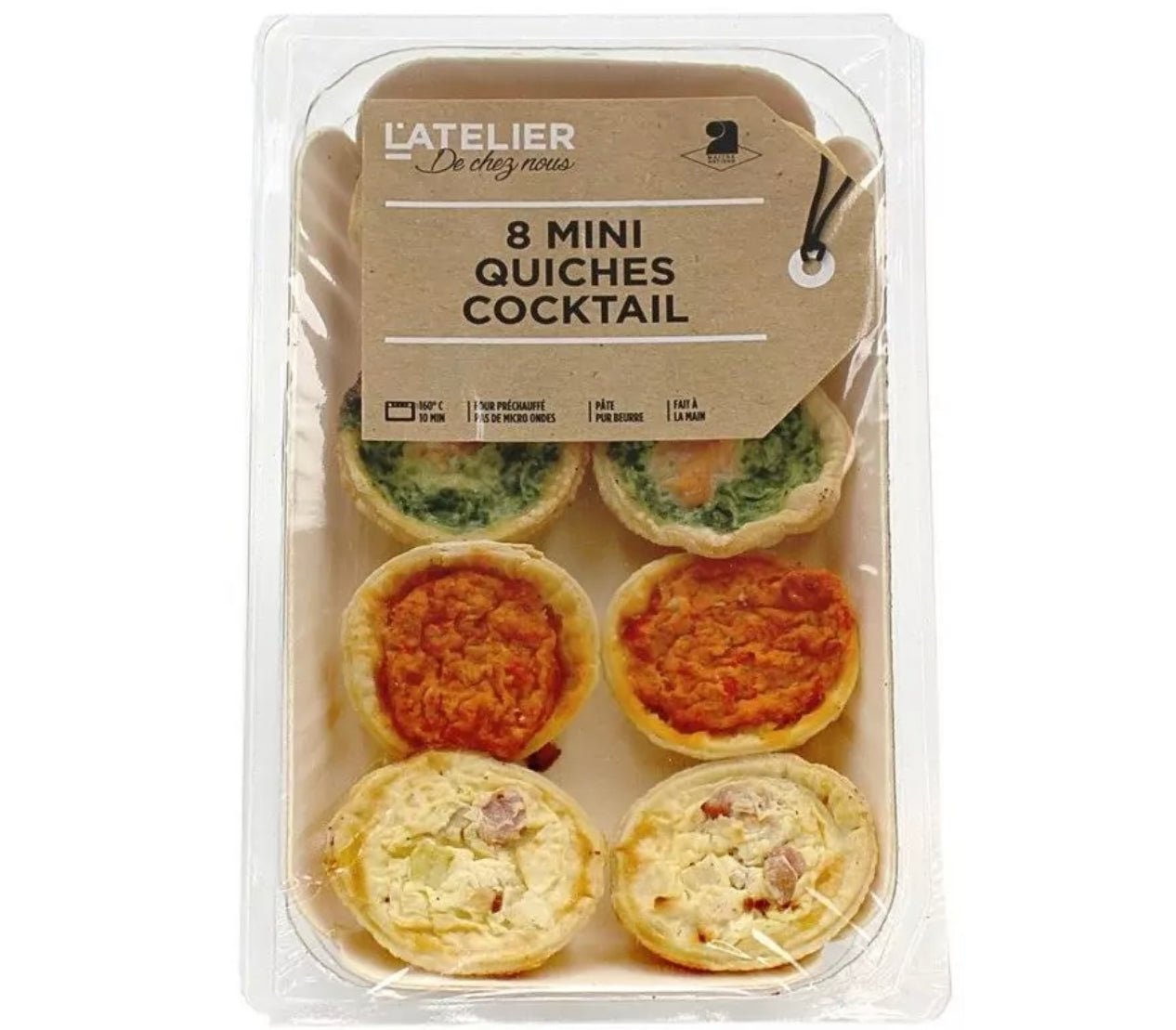 Mini quiches cocktail surtidas (salmón, lorena, chorizo, cebolla) 8x20g