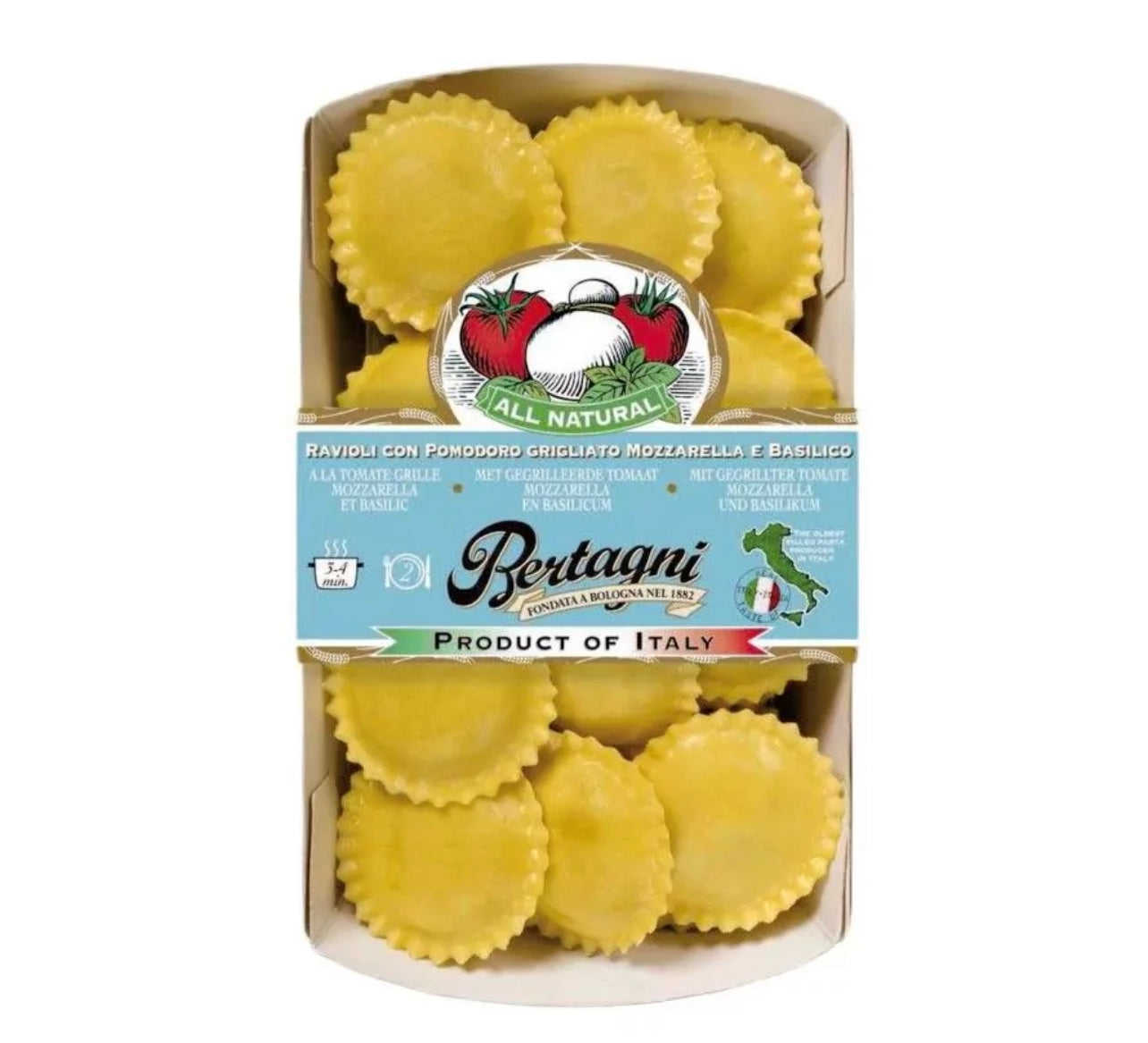Raviolis redondos con mozzarella, albahaca y tomate asado - 250g