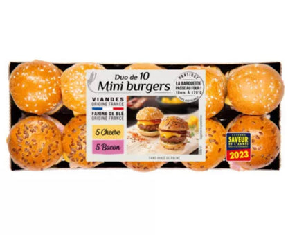 Mini cheese &amp; bacon duo burgers x10 ±420g