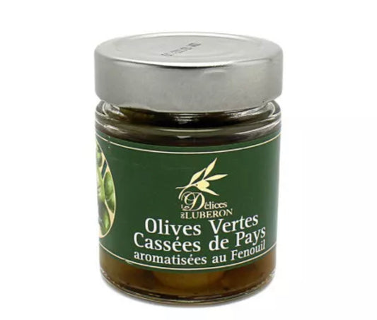 Split green country olives flavored with fennel - 70g